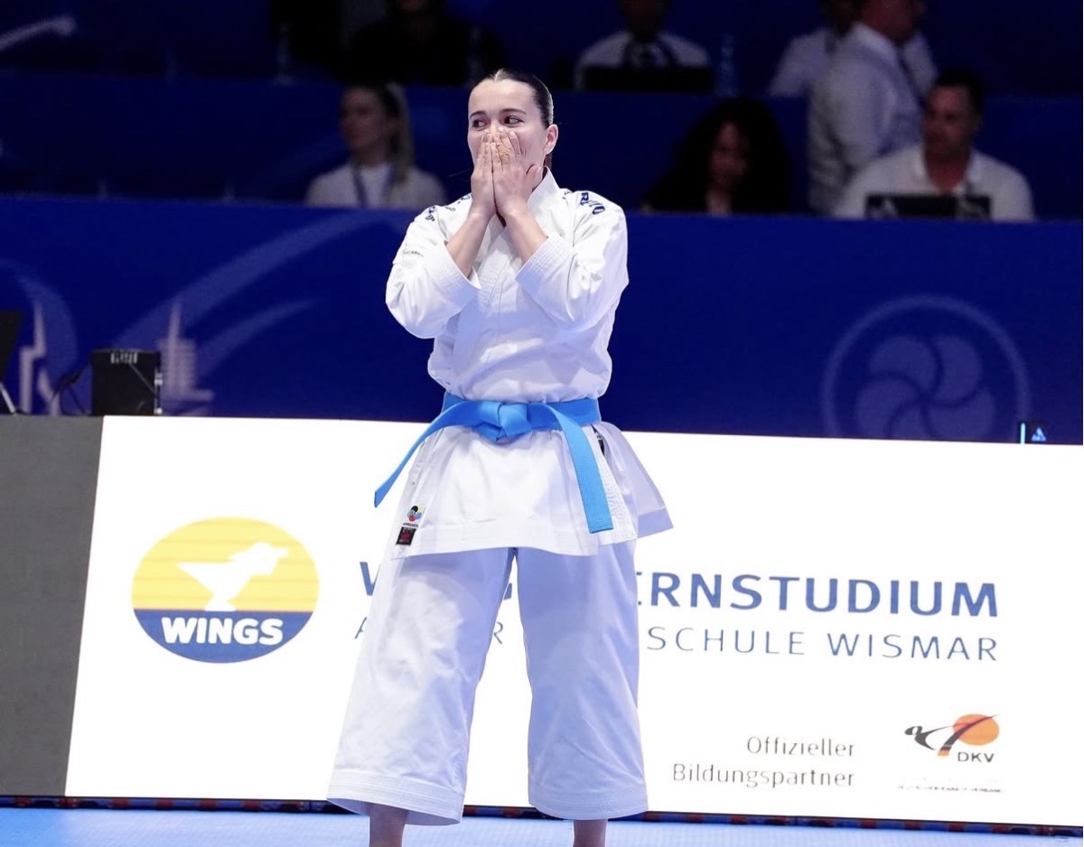 Ana Sofia Cruz of Portugal reacts after her bronze-medal kata performance at the 2026 EKF Senior Championships in Frankfurt