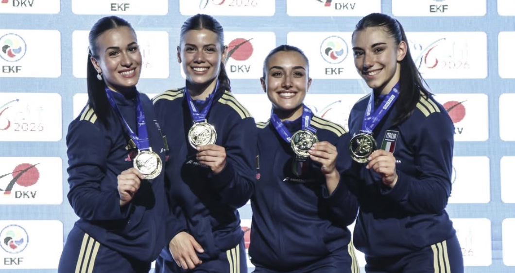 Italian Female Team Kata squad on the podium with their gold medals at EKF Frankfurt 2026