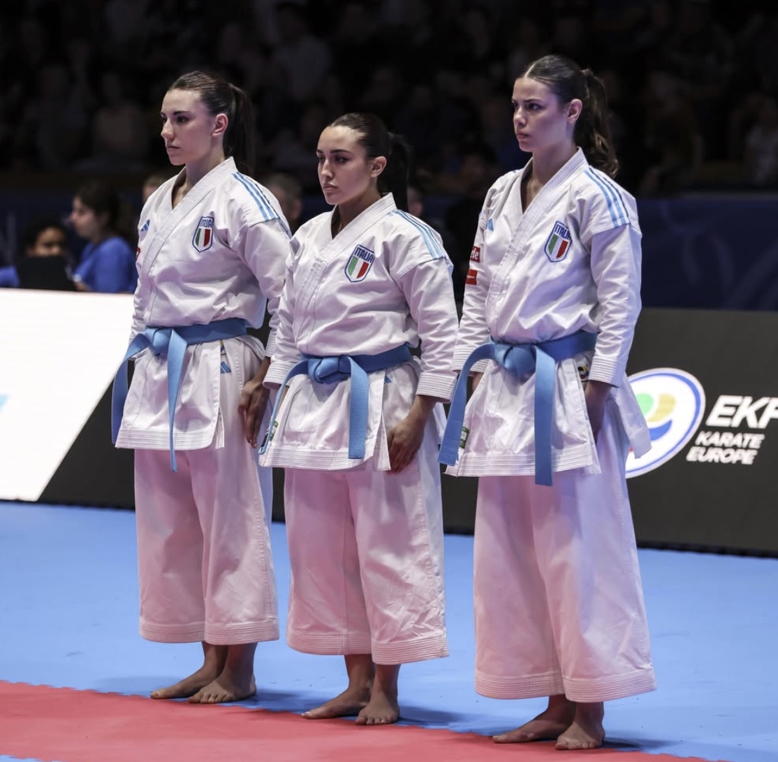 Italy's Female Team Kata squad lined up before competition at EKF Frankfurt 2026