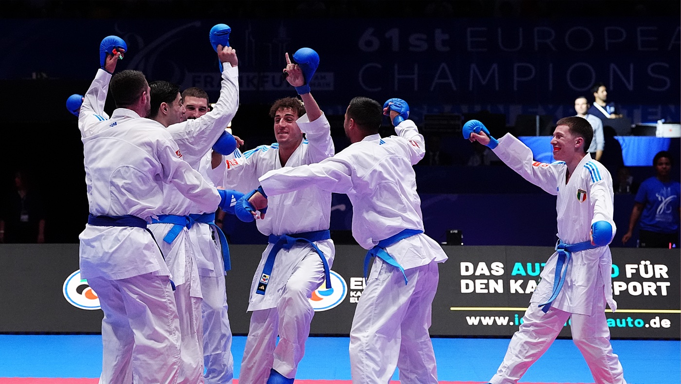 Italy's Male Team Kumite squad celebrating their third consecutive European title at EKF Frankfurt 2026