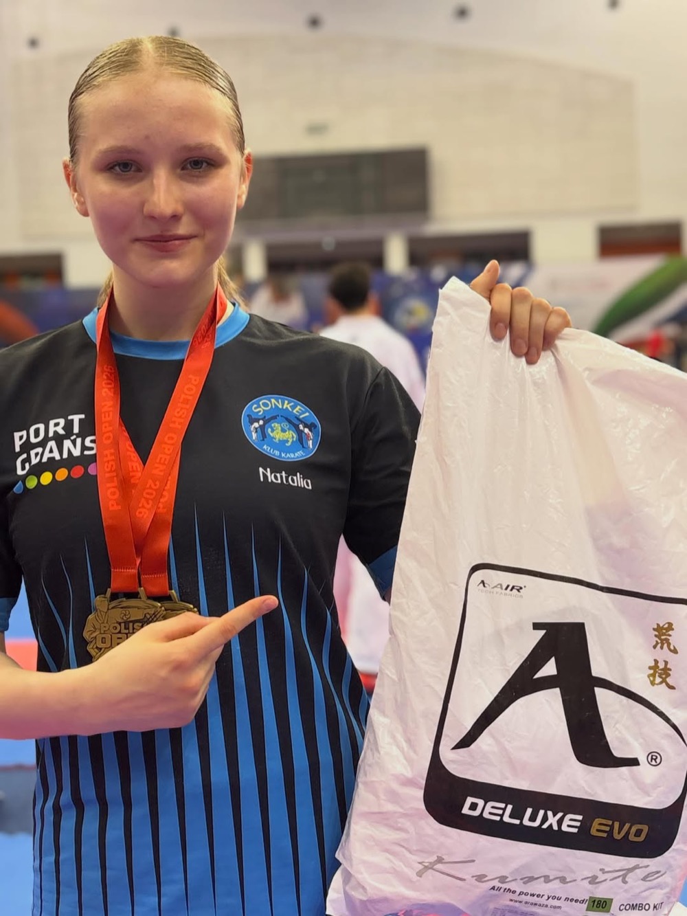 Natalia Balut with her Polish Open 2026 gold medal in Sonkei Klub Karate colours