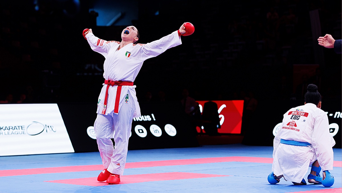 Clio Ferracuti of Italy celebrates winning Female Kumite +68 kg gold at the Karate1 Premier League in Rabat 2026