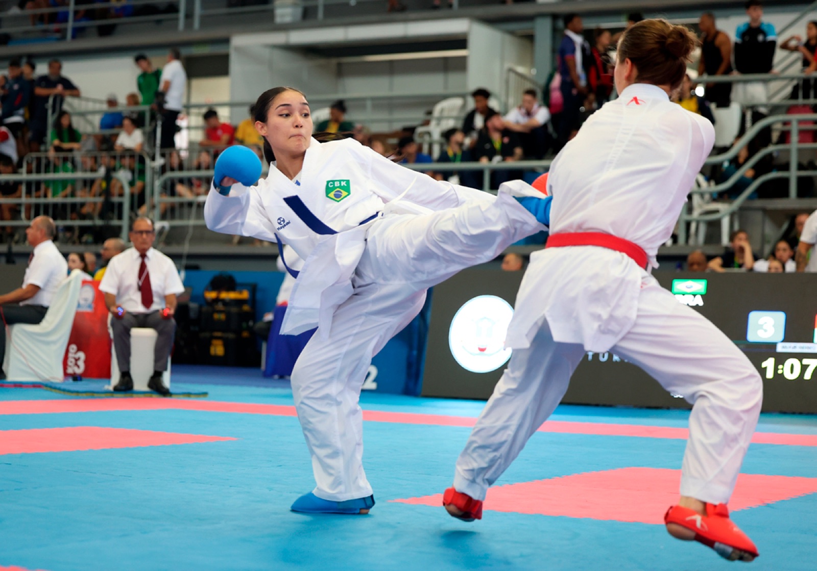 Kumite action at the 2026 PKF Senior & U21 Championships in Macaé, Brazil